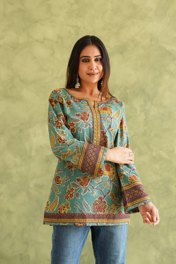 OLIVE FLORAL COTTON KURTI