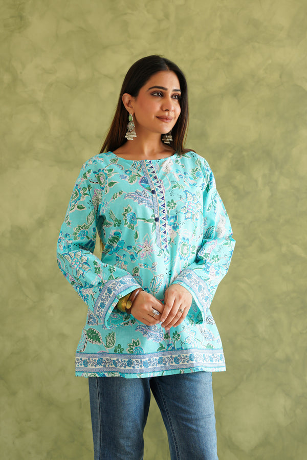 SKY BLUE FLORAL COTTON KURTI
