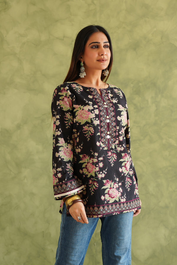 BLACK FLORAL COTTON KURTI