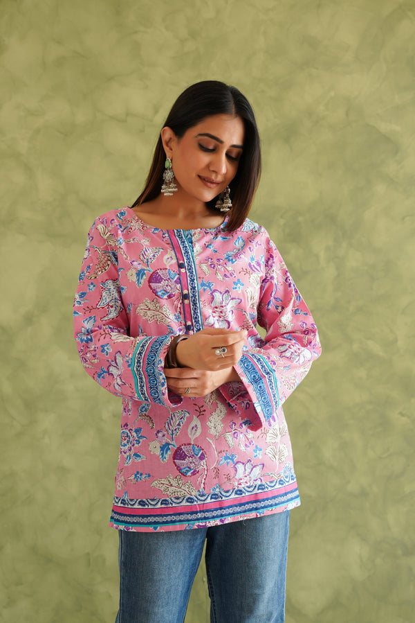 PINK FLORAL COTTON KURTI